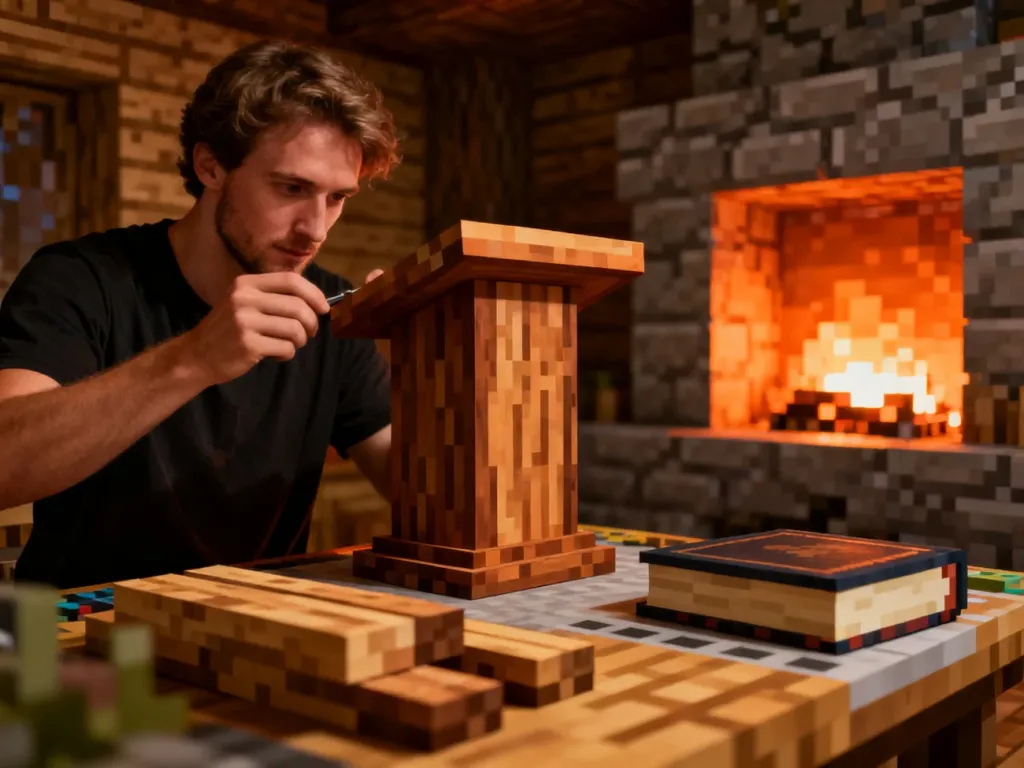 Mężczyzna wytwarza drewniany pulpit na stole rzemieślniczym w przytulnej chacie w stylu Minecrafta.