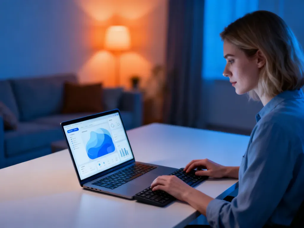 Kobieta korzystająca z laptopa przy biurku w przytulnym wnętrzu, symbolizująca łatwe zarządzanie usługami online.