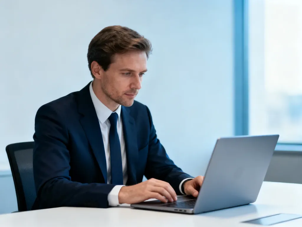 Pracownik biurowy skupiony na pracy przy laptopie w nowoczesnym, minimalistycznym wnętrzu.
