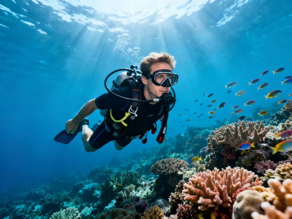 Nurek w profesjonalnym sprzęcie płynie w głębinach oceanu wśród raf koralowych i ławic ryb.