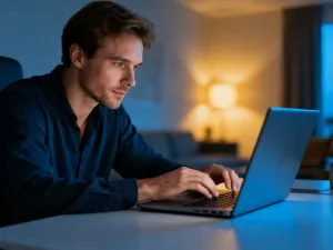 Mężczyzna przeglądający zawartość smartfona w przytulnym, wieczornym wnętrzu.