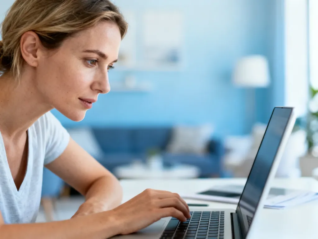 Kobieta skupiona na pracy przy laptopie w nowoczesnym domowym biurze, ilustrująca proces logowania do serwisu Canva.