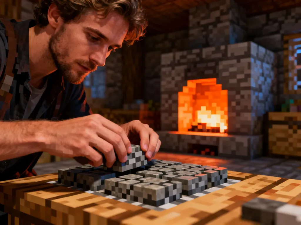 Postać układa bloki bruku na stole rzemieślniczym wewnątrz kamiennej chaty, tworząc piec hutniczy w grze Minecraft.