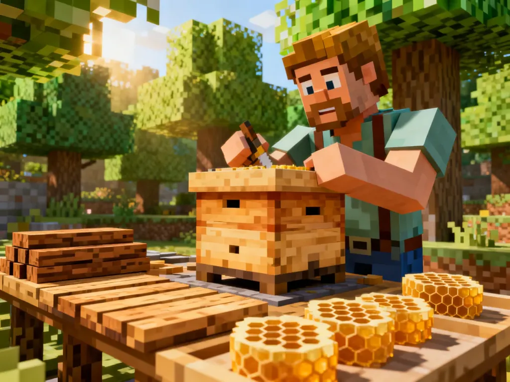 Postać gracza wytwarzająca drewniany ul na stole rzemieślniczym w otoczeniu leśnego krajobrazu Minecrafta.