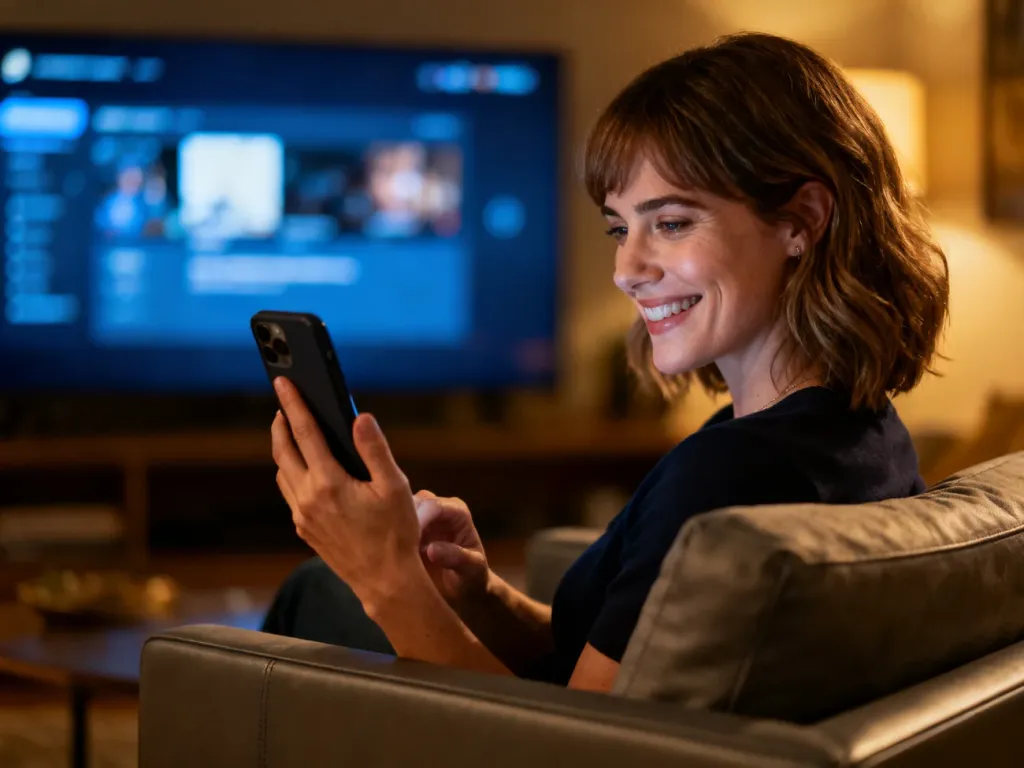 Kobieta z uśmiechem przegląda aplikację HBO Max na smartfonie, siedząc na wygodnej kanapie przed włączonym telewizorem.