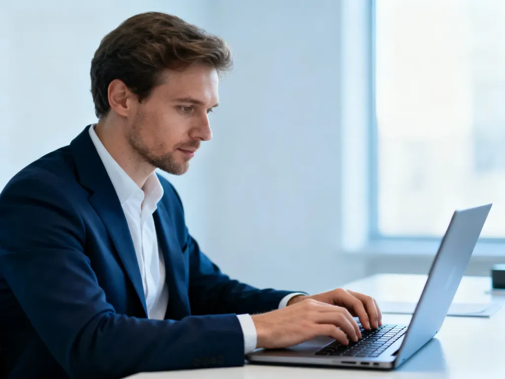 Pracownik biurowy skupiony na pracy przy laptopie w nowoczesnym, jasnym wnętrzu.