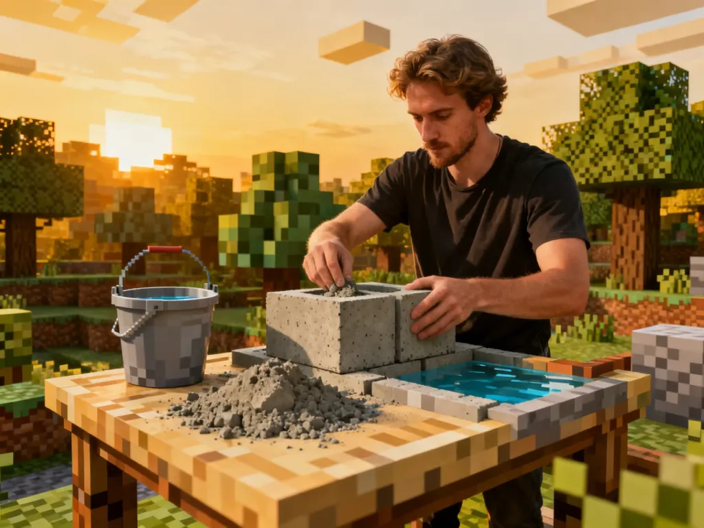 Postać wytwarzająca beton na stole rzemieślniczym w świecie Minecrafta, z proszkiem betonowym i wiadrem wody w tle.