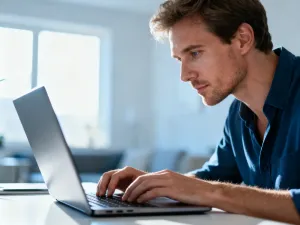 Mężczyzna przy biurku logujący się do bezpiecznego panelu na laptopie w nowoczesnym biurze domowym.