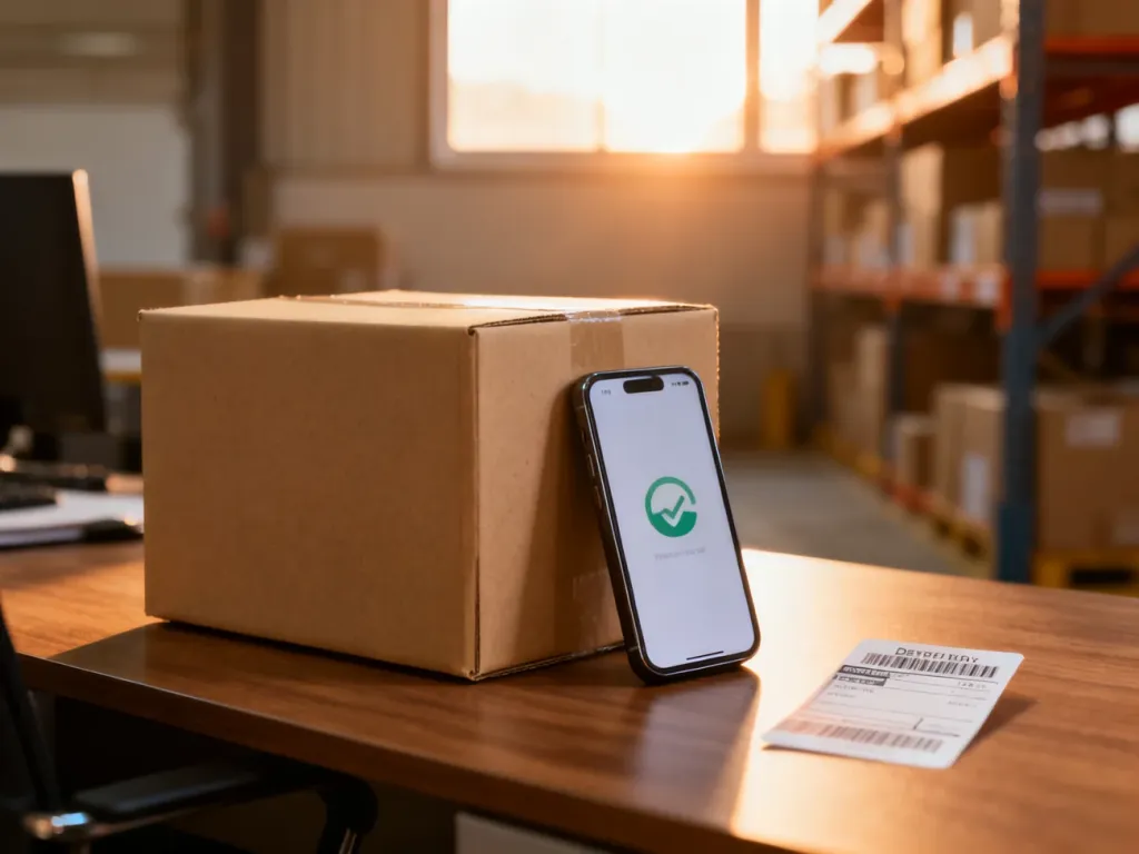 Kartonowe pudełko na biurku obok smartfona z powiadomieniem, symbolizujące proces śledzenia przesyłki w dropshippingu.