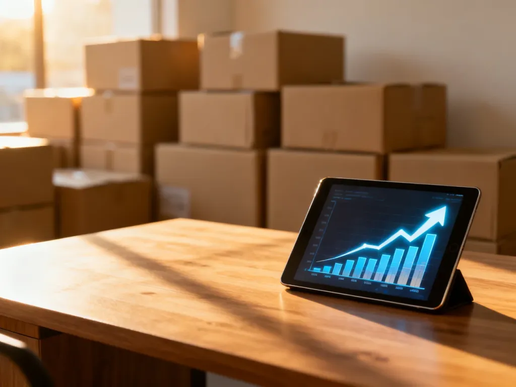 Minimalistyczne biurko z tabletem wyświetlającym wykres sprzedaży oraz stosy kartonów, symbolizujące logistykę w dropshippingu.