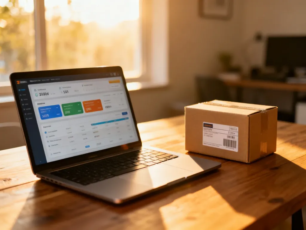 Nowoczesne biurko z laptopem wyświetlającym status przesyłki oraz paczką, symbolizujące zarządzanie zamówieniami dropshipping.