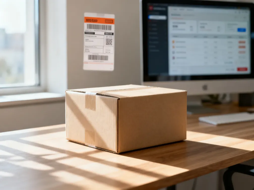 Kartonowe pudełko na biurku w nowoczesnym biurze, symbolizujące proces wysyłki i obsługi zwrotów w e-commerce.