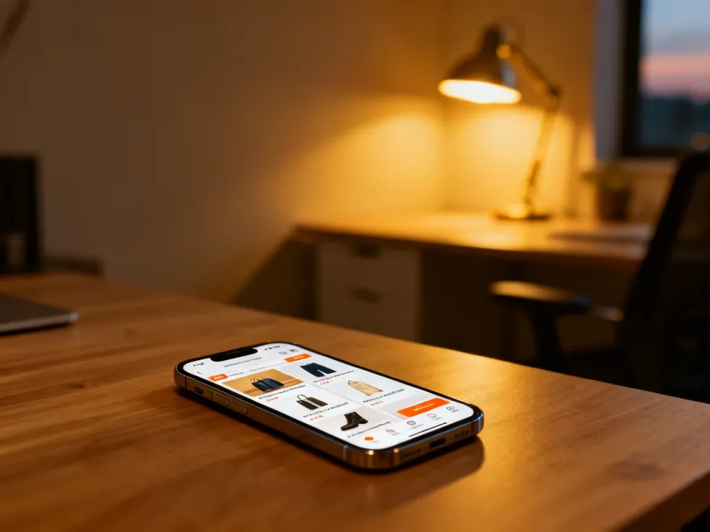 Smartfon z otwartą aplikacją sklepu internetowego na drewnianym biurku, ilustrujący proces sprzedaży w dropshippingu.