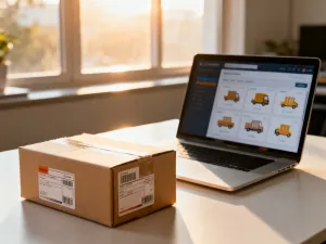 Nowoczesne stanowisko pracy z laptopem, tabletem z wykresami logistycznymi oraz kartonem, symbolizujące e-commerce i wysyłkę.