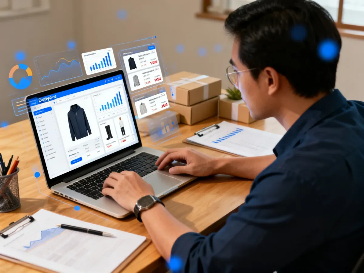 Przedsiębiorca analizujący opłacalność produktu dropshippingowego na laptopie