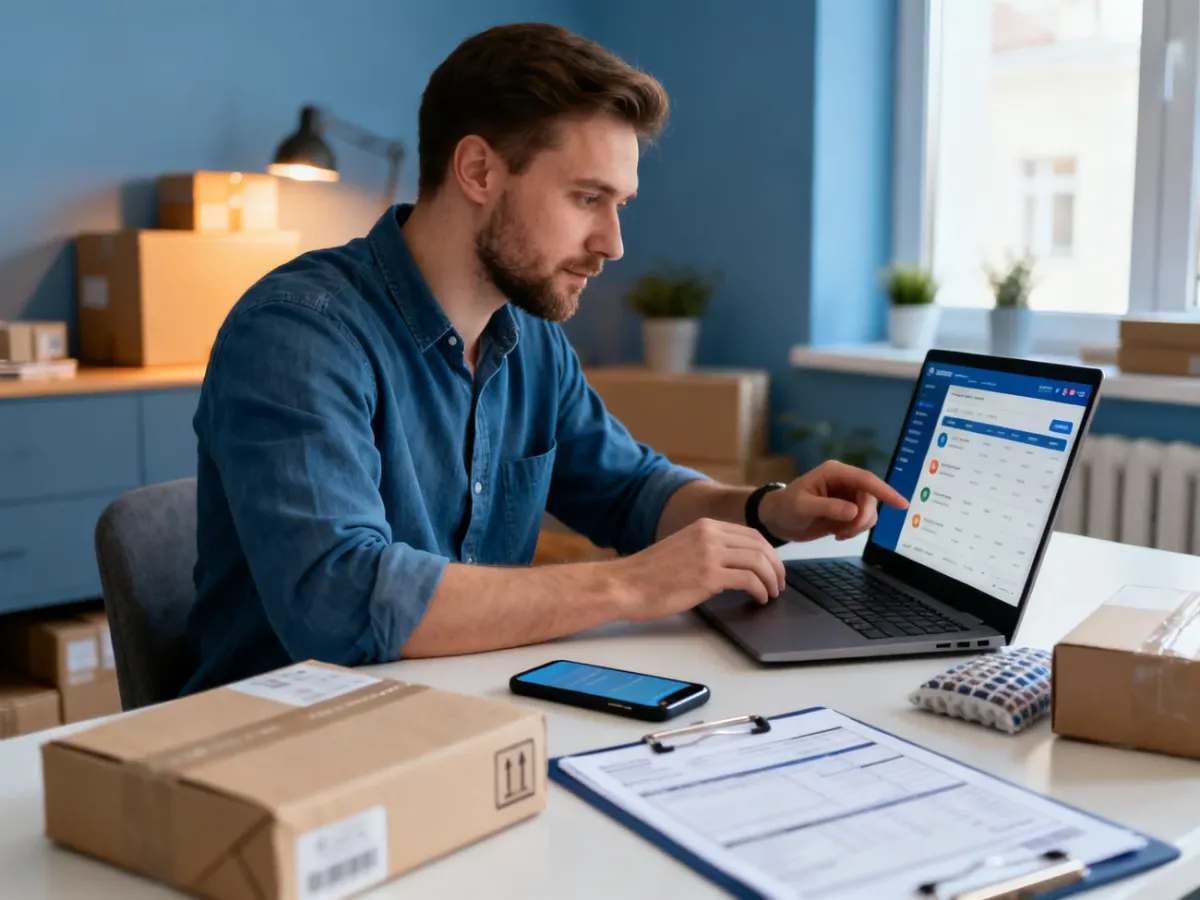 Sprzedawca dropshippingu zarządzający zamówieniem i wysyłką przy biurku