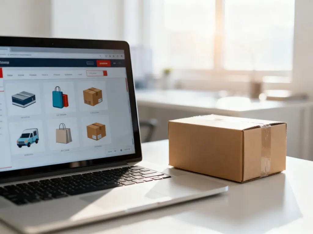 Nowoczesne biurko z laptopem wyświetlającym sklep internetowy oraz paczką, symbolizujące prowadzenie dropshippingu.