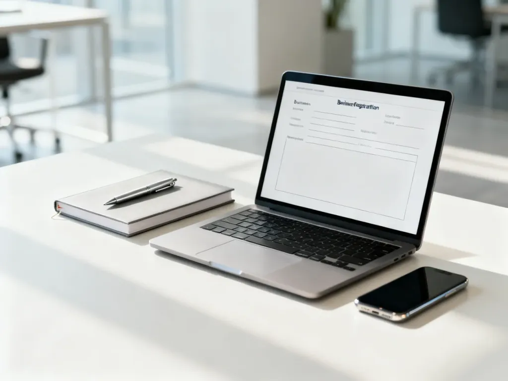 Laptop z otwartym formularzem rejestracyjnym na biurku, przygotowany do wprowadzania danych firmy w dropshippingu.