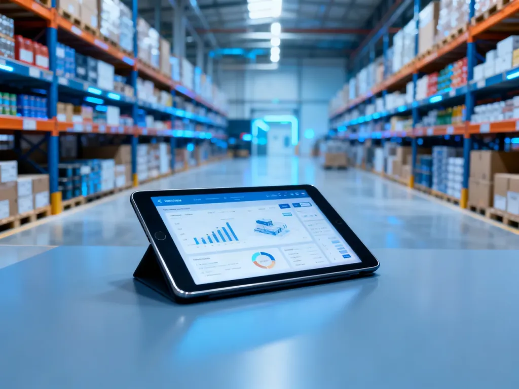 Tablet z oprogramowaniem logistycznym w nowoczesnym magazynie, symbolizujący automatyzację procesów w dropshippingu.