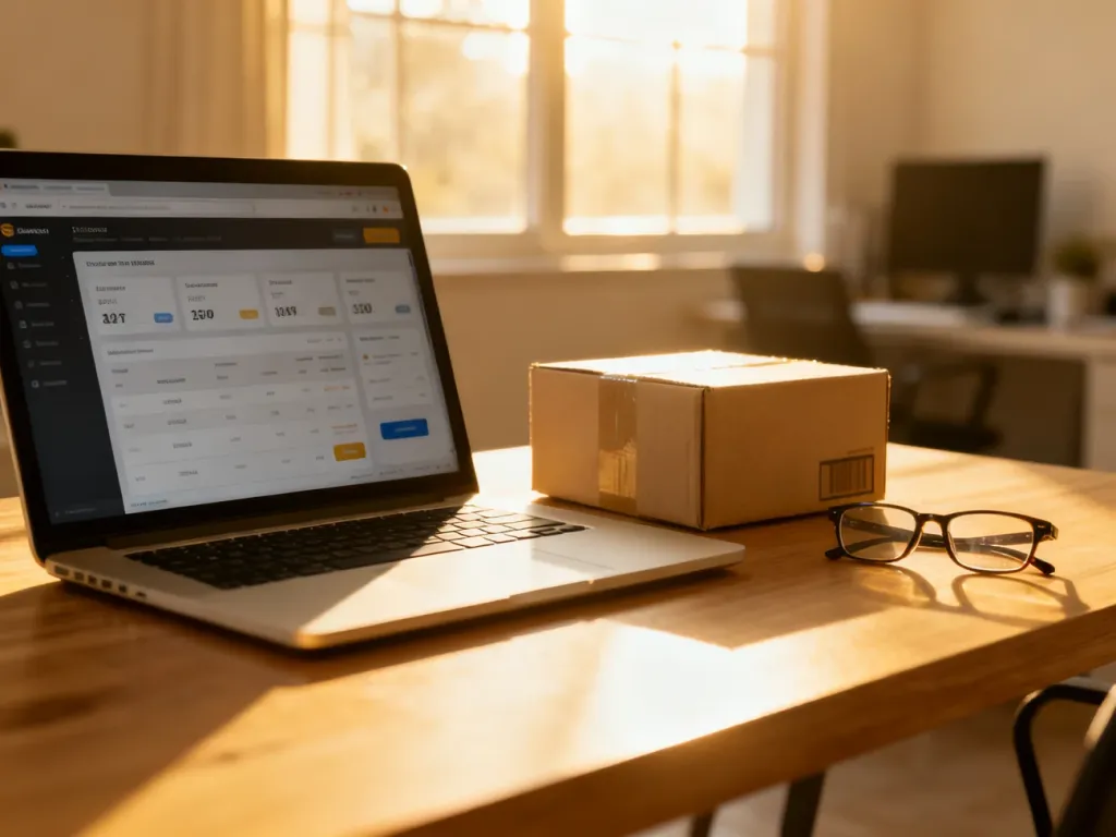 Nowoczesne stanowisko pracy z laptopem wyświetlającym panel e-commerce oraz pudełkiem wysyłkowym na biurku.