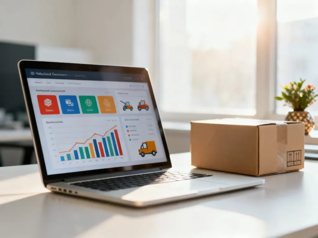 Nowoczesne stanowisko pracy z laptopem wyświetlającym panel sklepu e-commerce oraz kartonem wysyłkowym w tle.