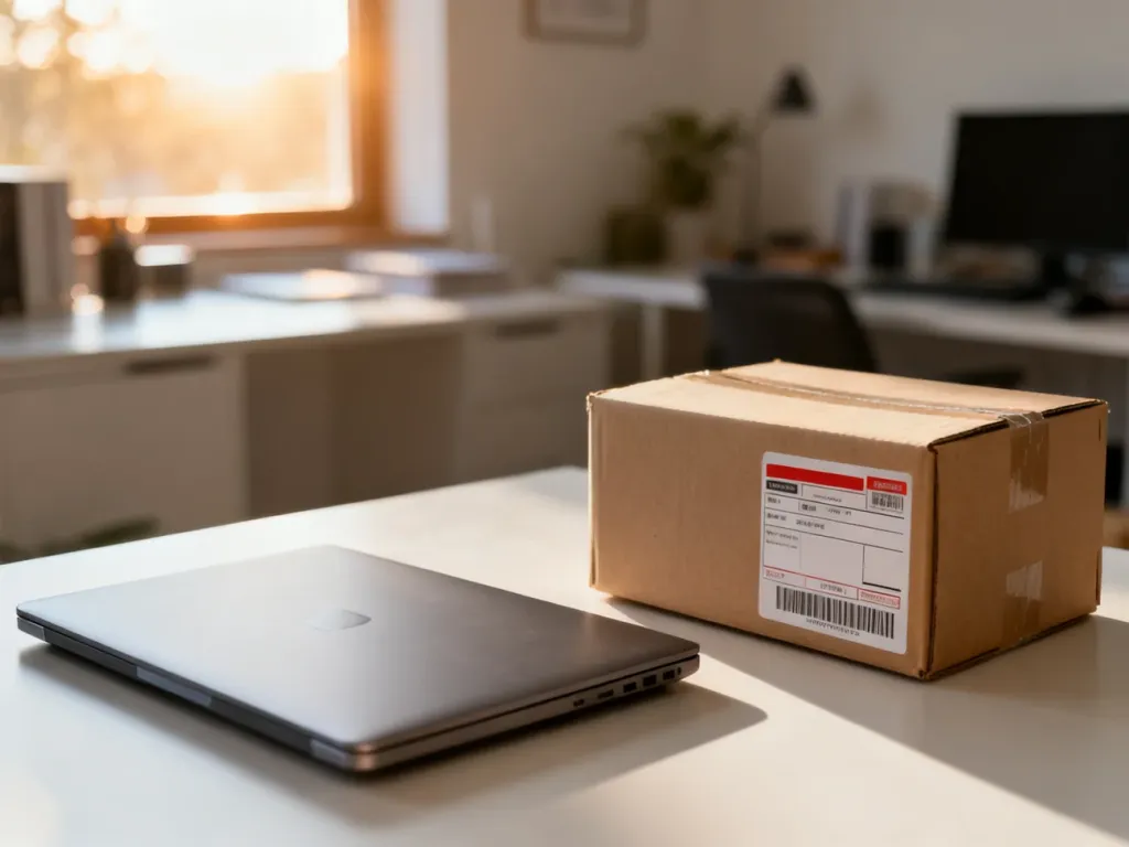 Nowoczesne biurko z laptopem i paczką kurierską, symbolizujące logistykę w e-commerce i prowadzenie sprzedaży online.