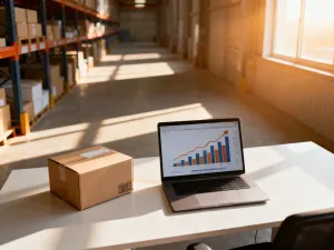 Kartonowe pudełko na biurku obok smartfona z powiadomieniem, symbolizujące proces śledzenia przesyłki w dropshippingu.