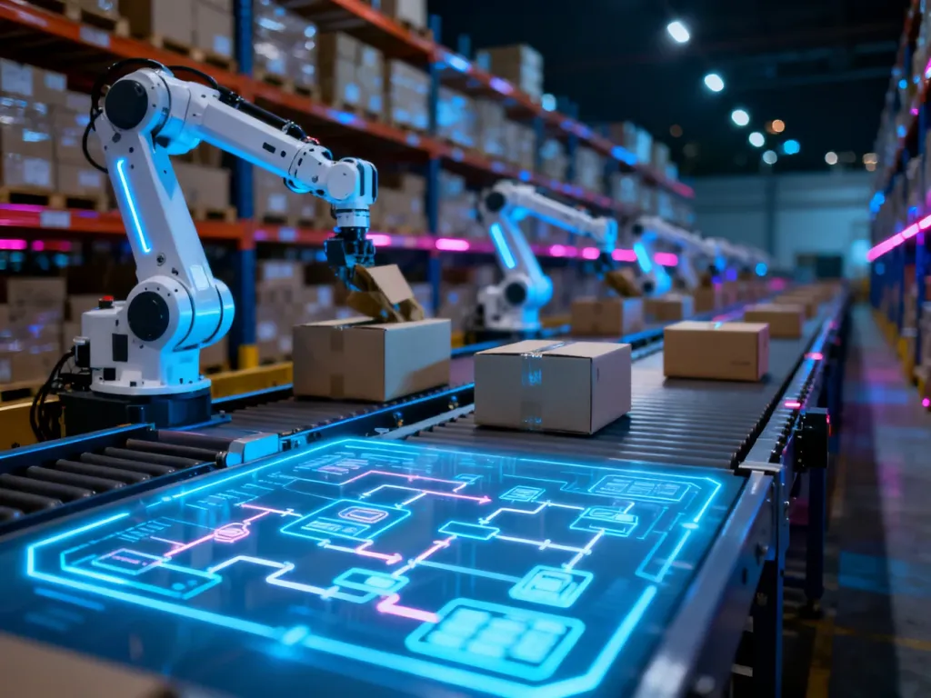 Zautomatyzowane centrum logistyczne z robotami sortującymi paczki i cyfrowym interfejsem procesu realizacji zamówień.