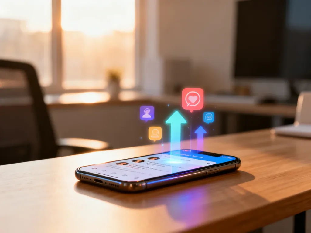 Smartfon na biurku z powiadomieniami z mediów społecznościowych, symbolizujący rozwój profilu w dropshippingu.