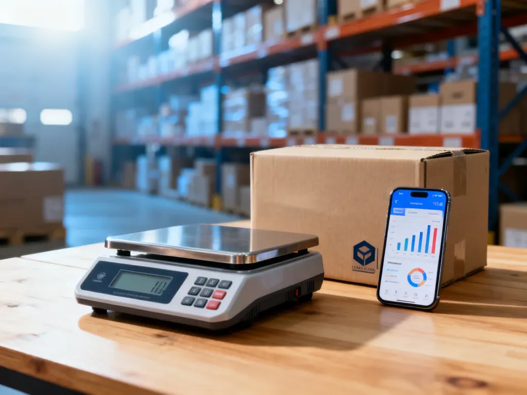 Stanowisko do testowania produktów w dropshippingu: waga, paczka i smartfon z analityką na tle magazynu.