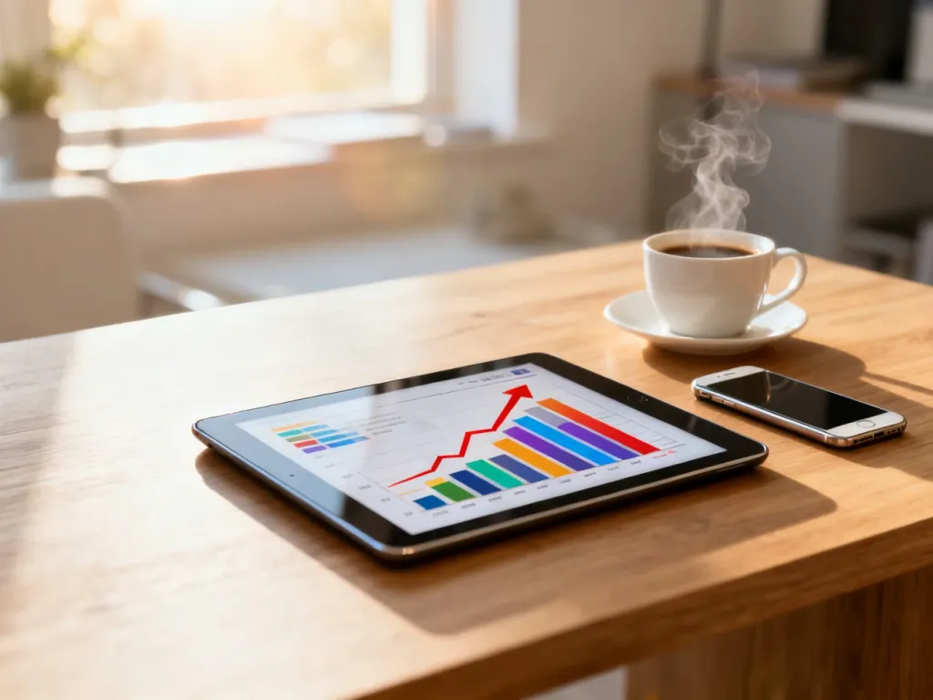 Tablet z wykresami sprzedaży na biurku, symbolizujący analizę trendów rynkowych w nowoczesnym biurze.