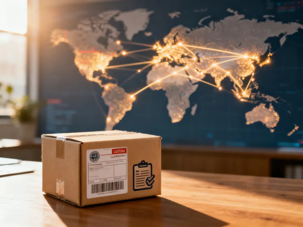 Paczka z dokumentami celnymi na biurku na tle mapy świata, symbolizująca logistykę w dropshippingu z Chin.