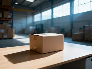 Kartonowe pudełko wysyłkowe i smartfon z wykresem wzrostu na biurku, symbolizujące sukces w dropshippingu na Amazon.