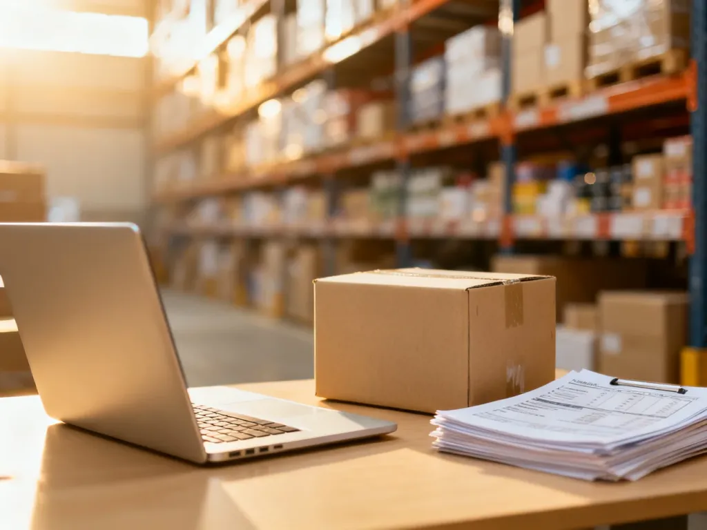 Biurko z laptopem, kartonem wysyłkowym i dokumentami finansowymi na tle magazynu, symbolizujące prowadzenie dropshippingu.
