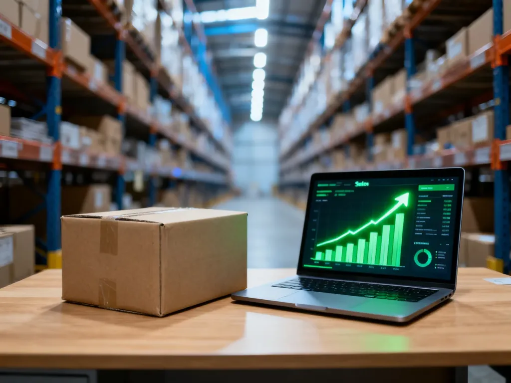 Paczka na biurku obok laptopa z wykresami sprzedaży w nowoczesnym magazynie, symbolizująca proces dropshippingu na Amazon.