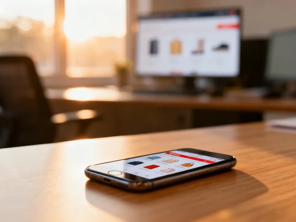 Nowoczesny smartfon z interfejsem sklepu internetowego na drewnianym biurku w słonecznym biurze.