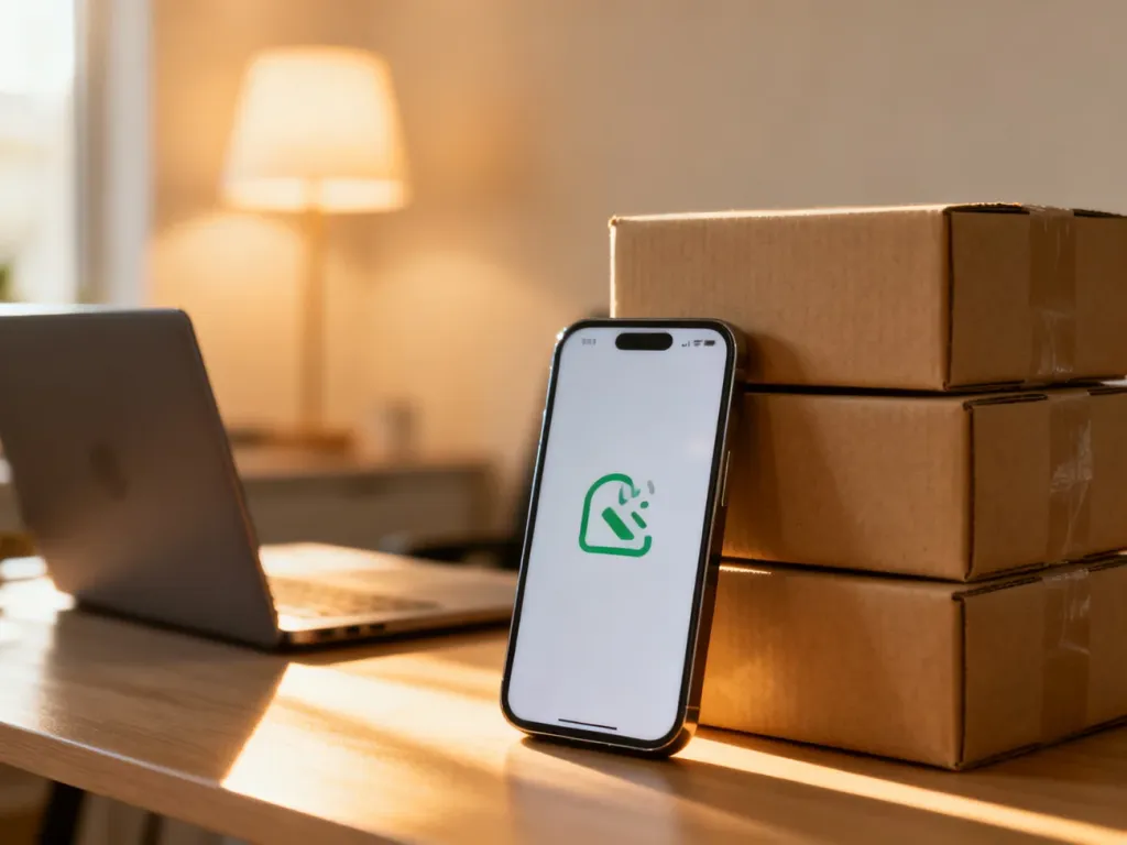 Nowoczesny smartfon z powiadomieniem obok paczek wysyłkowych, symbolizujący profesjonalną obsługę klienta w dropshippingu.
