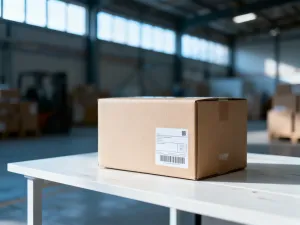 Nowoczesne stanowisko pracy z laptopem, drukarką etykiet i kartonem, ilustrujące proces wysyłki w dropshippingu na eBay.