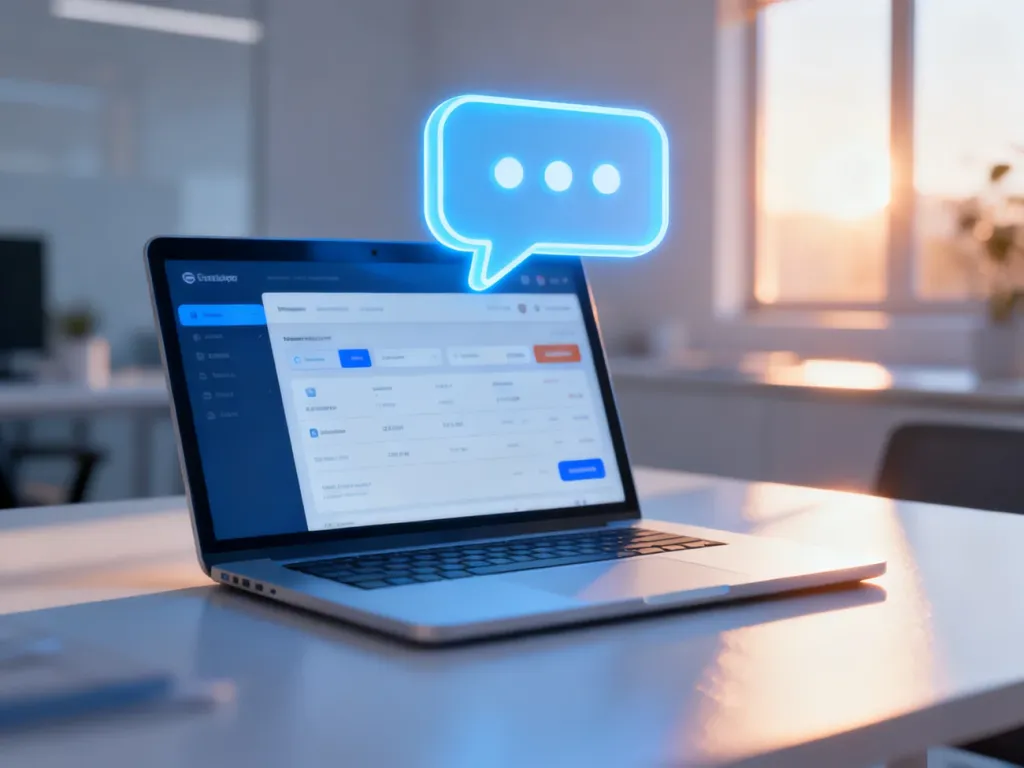Ikona czatu na żywo unosząca się nad panelem sklepu internetowego na laptopie, symbolizująca nowoczesną obsługę klienta.