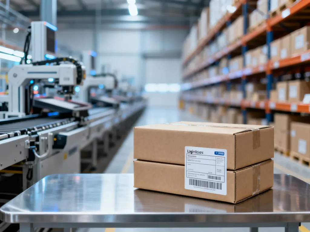 Nowoczesny magazyn logistyczny z paczką gotową do wysyłki, ilustrujący proces realizacji zamówień w dropshippingu.