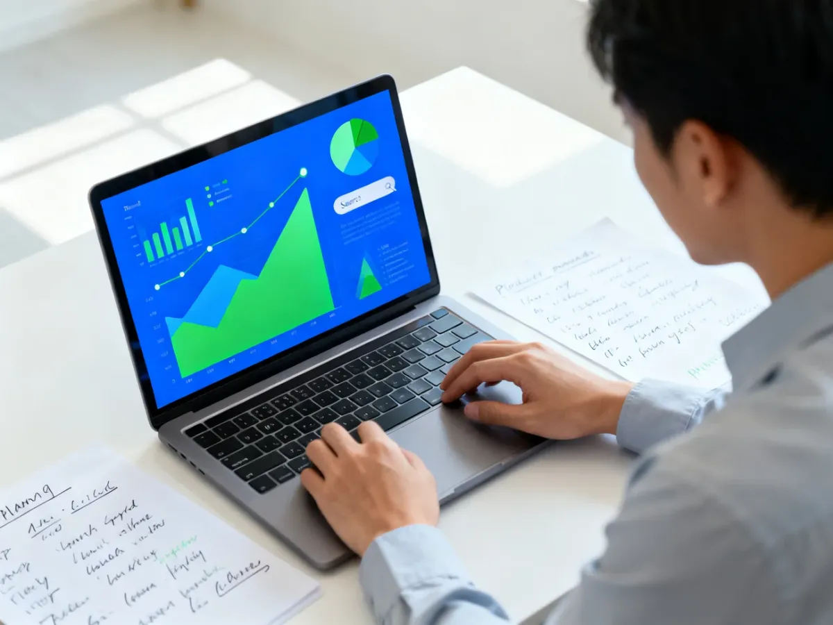 Przedsiębiorca analizujący dane dotyczące popytu na produkt na laptopie
