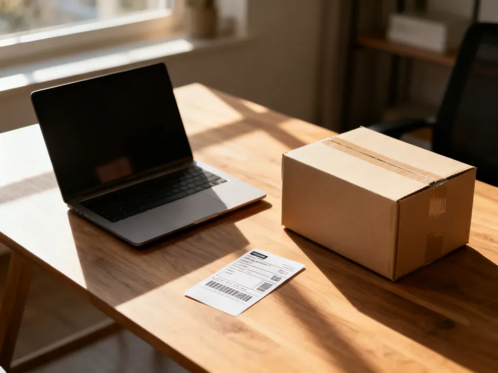Nowoczesne biurko z laptopem i paczką gotową do wysyłki, symbolizujące prowadzenie sklepu w modelu dropshipping.