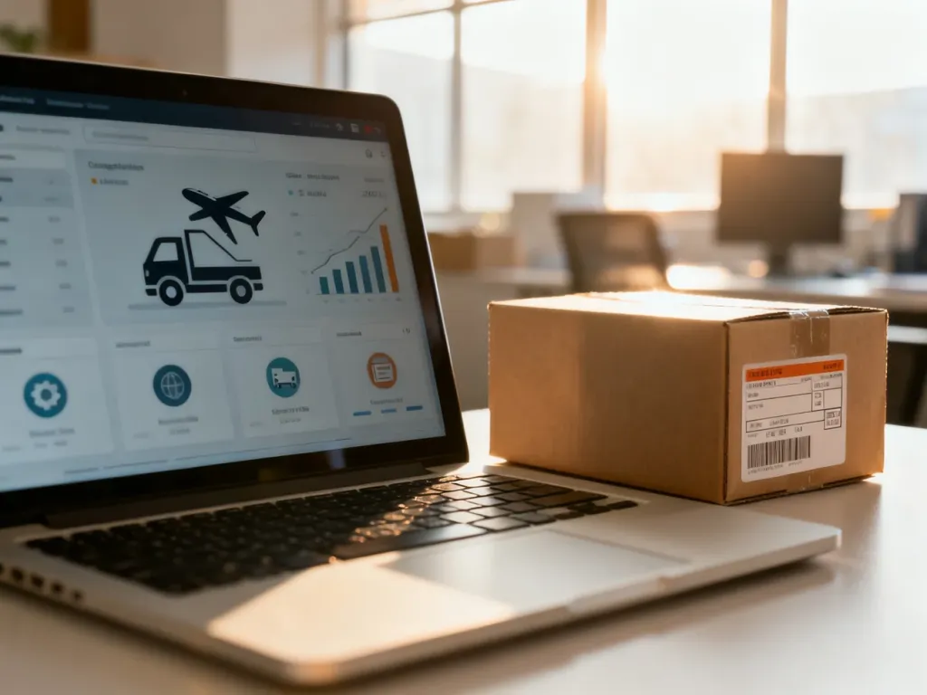 Nowoczesne stanowisko pracy z laptopem wyświetlającym panel e-commerce oraz paczką gotową do wysyłki.