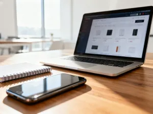 Tablet z wykresami sprzedaży na biurku, symbolizujący analizę trendów rynkowych w nowoczesnym biurze.