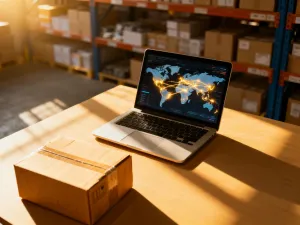 Zestaw popularnych produktów do dropshippingu: lampka biurkowa, młynek do kawy i opaska fitness na białym tle.