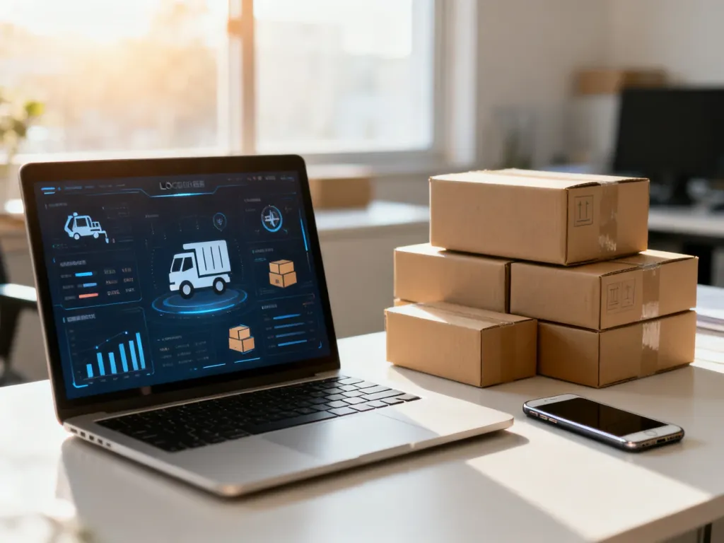 Nowoczesne stanowisko pracy z laptopem, smartfonem i paczkami, symbolizujące profesjonalne prowadzenie biznesu dropshippingowego.