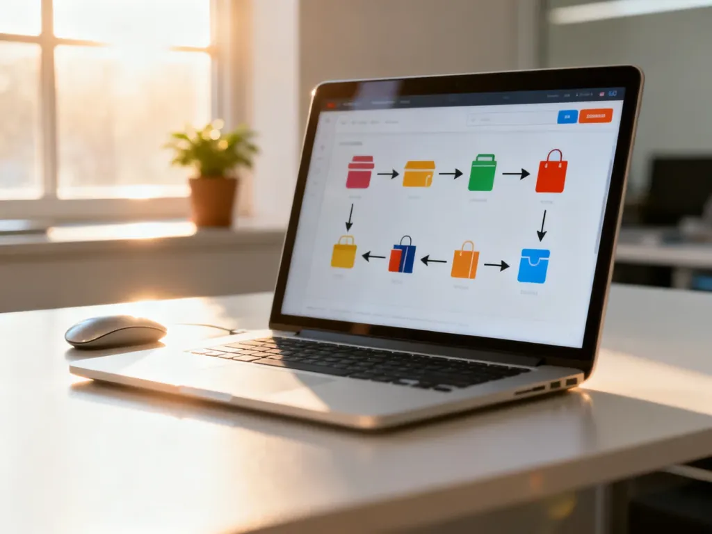 Ekran laptopa z panelem sterowania e-commerce, ilustrujący proces zarządzania produktami w dropshippingu.