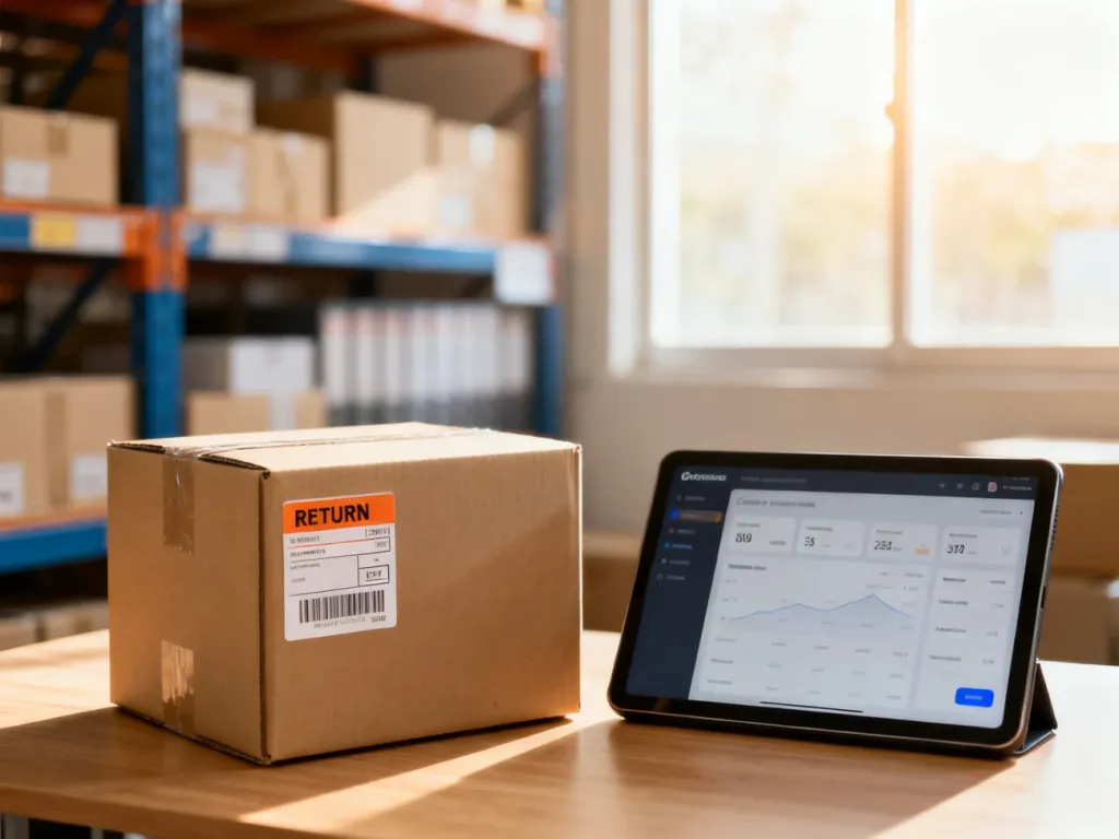 Kartonowe pudełko z etykietą zwrotną oraz tablet z panelem e-commerce na biurku w profesjonalnym magazynie.