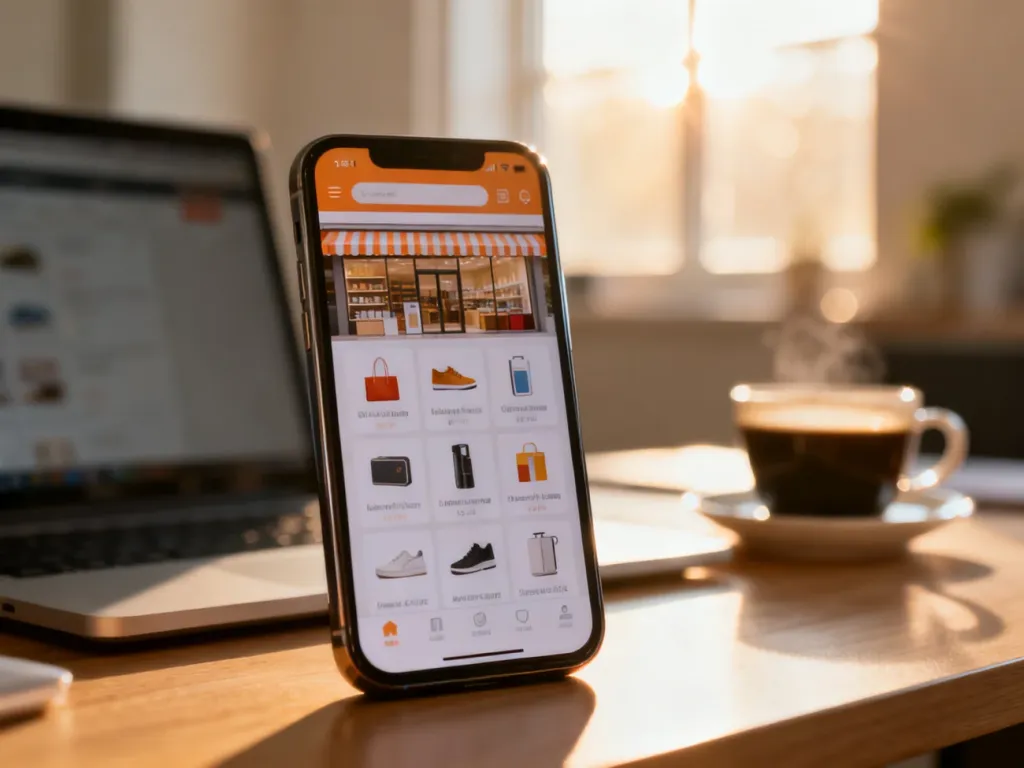 Smartfon z interfejsem sklepu internetowego na tle biurka, symbolizujący prowadzenie sprzedaży online.