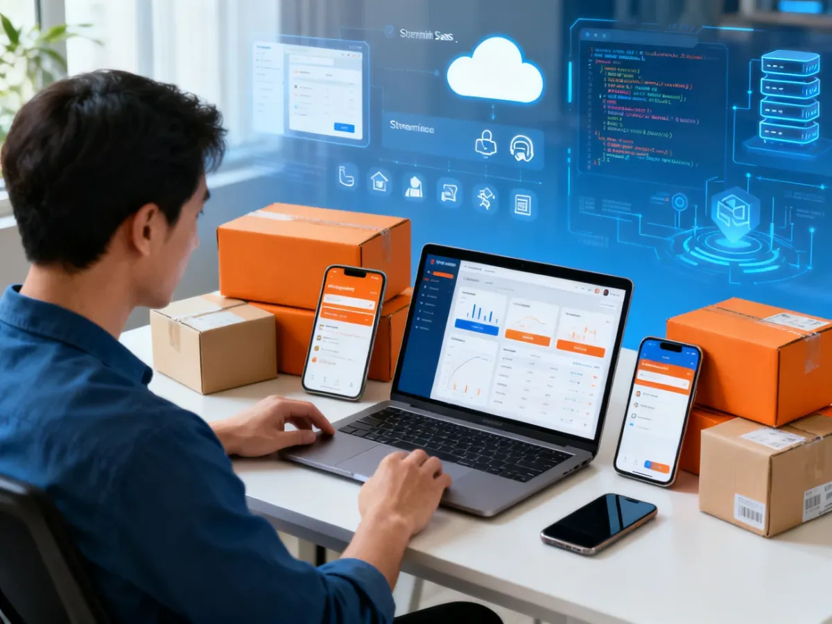 Przedsiębiorca porównujący platformy dropshipping przy laptopie